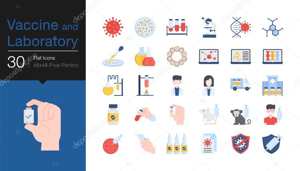 Vaccine and Laboratory icons. Flat design. For presentation, mobile application, web design, infographics, UI. Vector illustration.