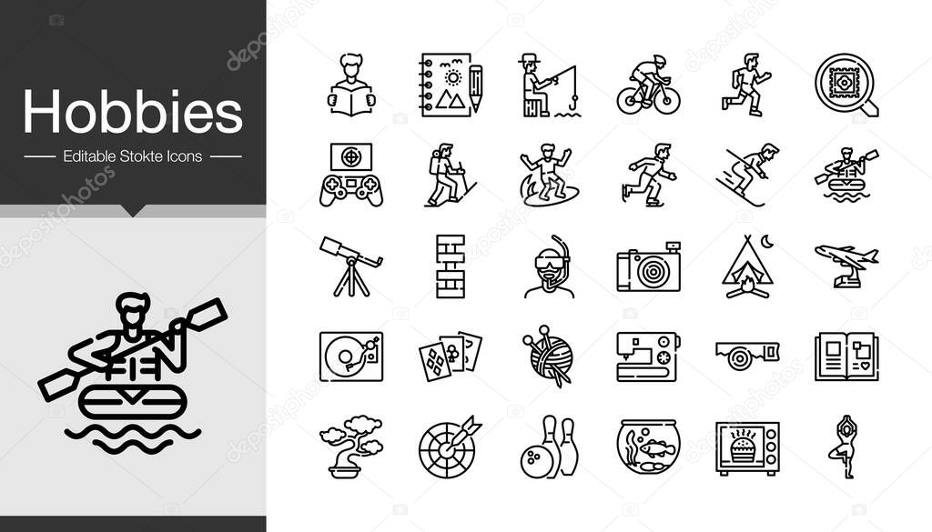 Hobbies icons. Modern line design. Icon set of the most activities of people in holiday or summer. For presentation, mobile application. Editable Stroke. Vector illustration.