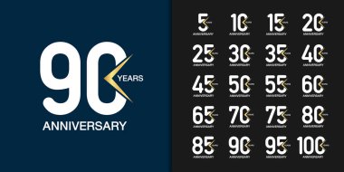 Moda yıldönümü logosu seti. Şirket profili, broşür, dergi, broşür posteri, internet, davetiye ya da tebrik kartı için modern geometrik yıldönümü ikonları tasarımı. Vektör illüstrasyonu.