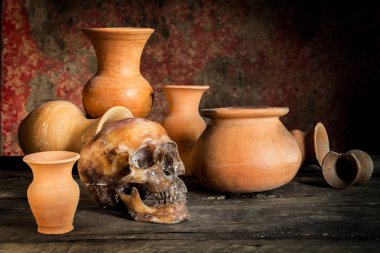 Bir kafatası ve vazo, toprak ile natürmort