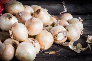 Eski ahşap zemin üzerine serilmiş soğan torbası dökün , natürmort