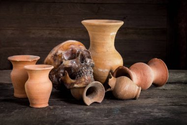 Bir kafatası ve vazo, toprak ile natürmort