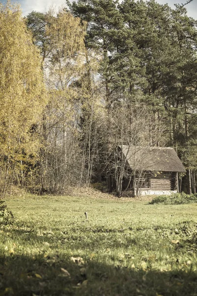 Vecchia Casa Rurale Legno Epoca Abbandonata Cortile Campagna Margini Della — Foto Stock