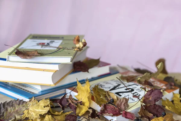 Okul ders kitapları, bir ışık mor arka plan kopya alanı okul, başlayan kavramı ile renkli sonbahar yaprakları ile masada kitaplar okul, eğitim hazırlıkları