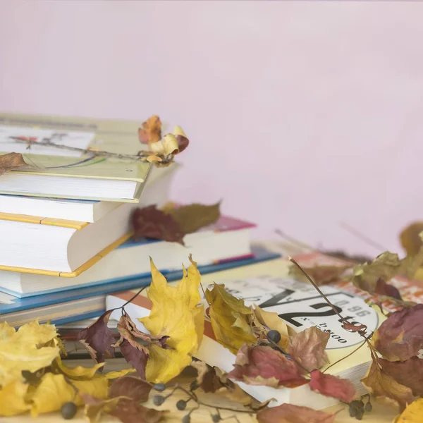 School textbooks, books on table with yellow autumn leaves, against a light pink background with copy space for text. Concept of back to school, education