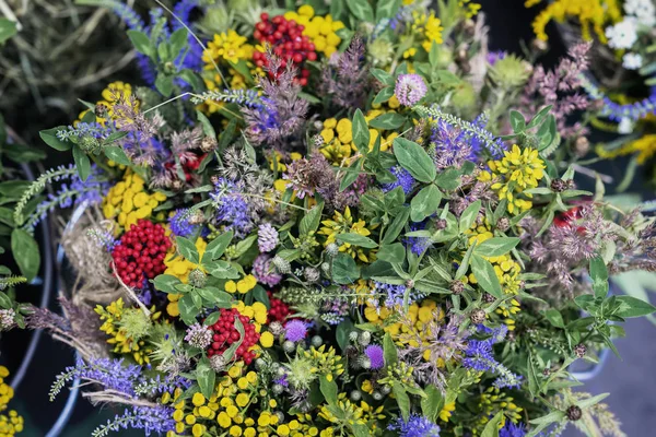 Bright mix bouquet of wild meadow flowers, natural bright colorful background