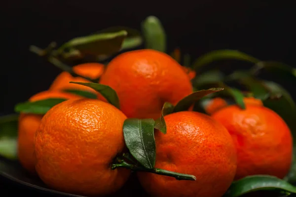 Visão aérea de várias tangerinas maduras com folhas verdes na placa preta. Ingredientes alimentares, conceito nutrição saudável, desintoxicação, dieta. Foco seletivo — Fotografia de Stock