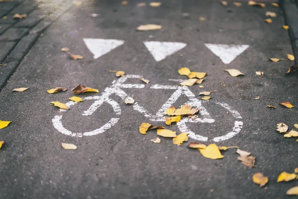 Straat herfst pad in de stad, blad vallen, bladeren op de stoep, een fiets, een weg ondertekenen — Stockfoto