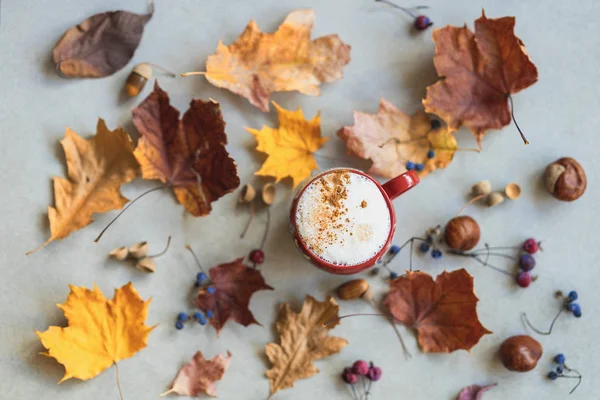 Cup of coffee with milk, cappuccino among autumn colorful faded leaves, acorns, chestnuts, nuts. Concept of leaf fall, autumn, season — Stock Photo, Image