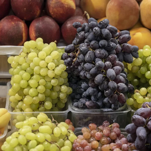 Различные сорта винограда на полках фермерского рынка, открытые полки, витрины. Здоровые органические продукты. Осенний сбор — стоковое фото