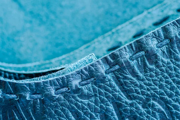 Textura Cuero Genuino Azul Cosido Con Puntada Costura Hecha Mano —  Fotos de Stock