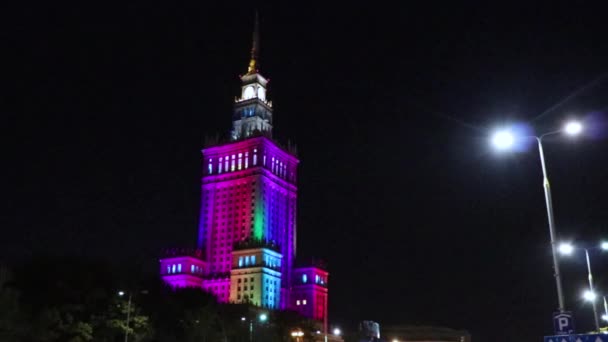 Kultúrpalota Tudomány Változásait Színek Este Warsaw Lengyelország — Stock videók