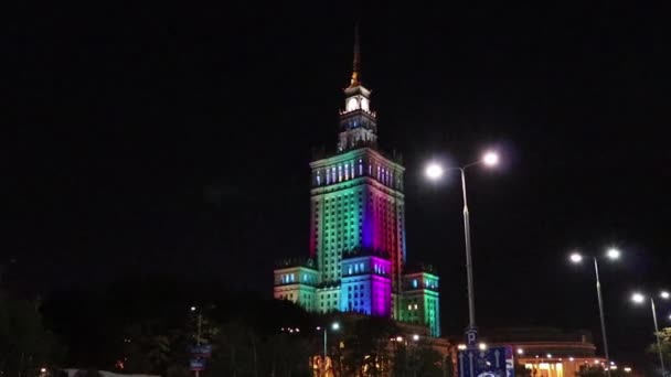 Palácio Cultura Ciência Muda Cor Noite Aviso Polónia — Vídeo de Stock