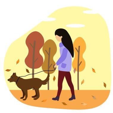 kız sonbaharda bir köpek ile yürüyor