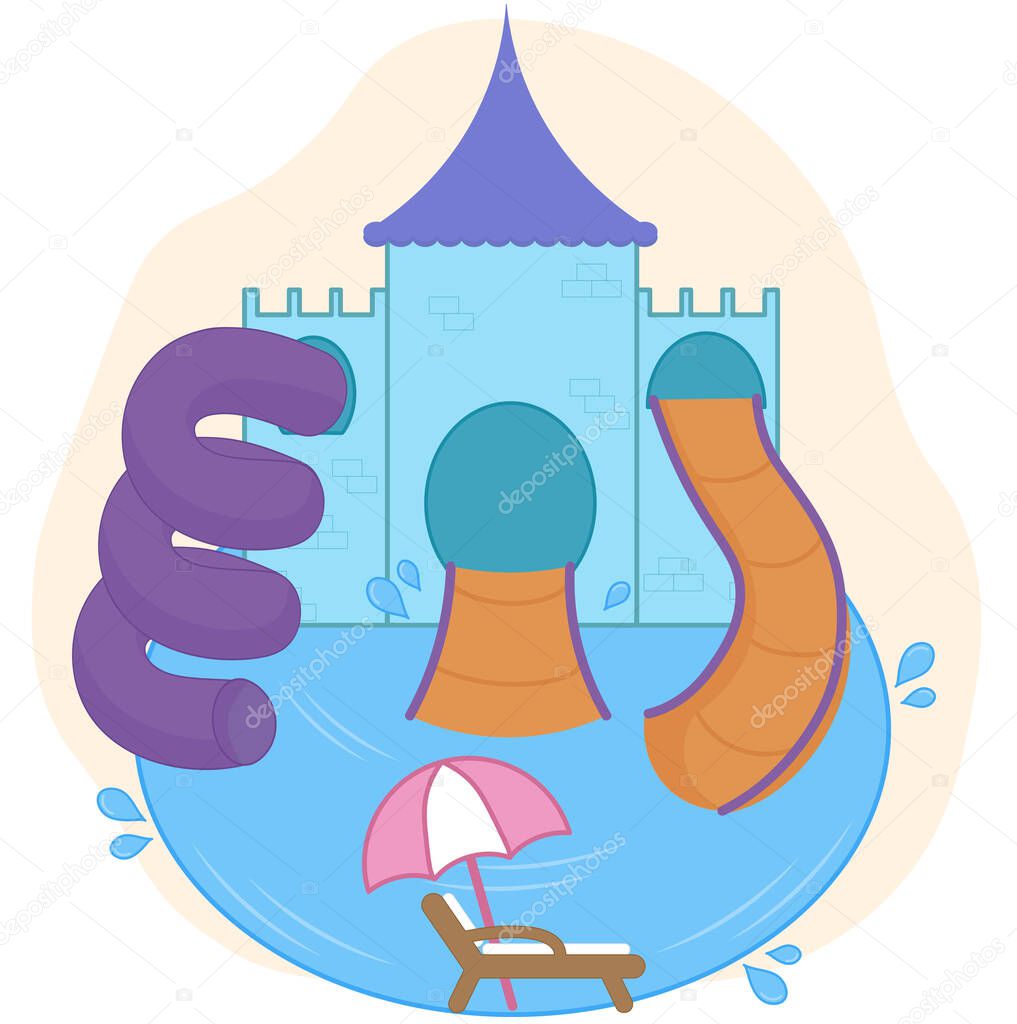 Water Park Illustration with Slides and Castle