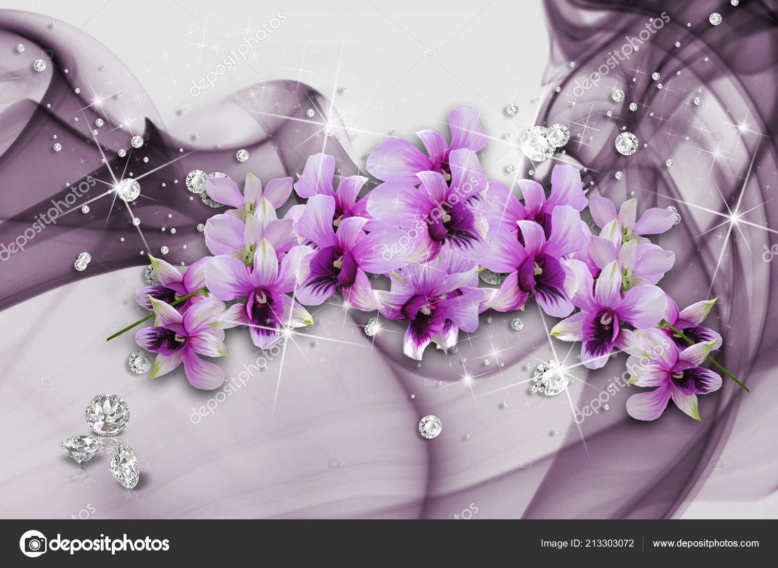 Mural Wallpaper Room Purple Orchids Rhinestones Background
