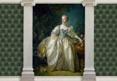 Klasik ana özellikleri: kısıtlama, aristokrasi, sofistike. Klasik Stil, sütunlar ve Franois Boucher Madam Bergeret 1766 boyama kapitone deri etkisi 3D arka plan.