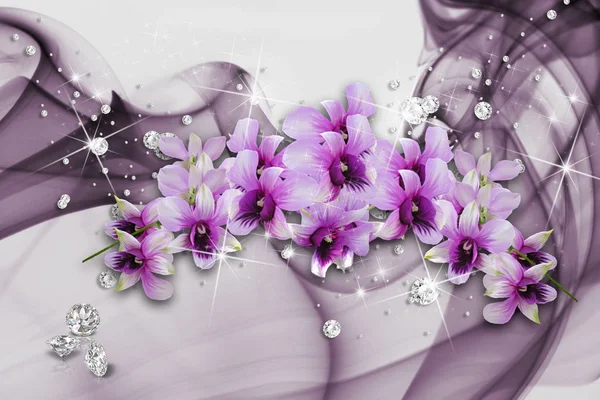 3d mural wallpaper for room, purple orchids and rhinestones on 3d background will visually expand the space in a  room, bring more light and become an accent in the interior. Glare effects. 3D rendering.