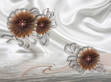 Modern ideas in the design of any interior. 3d wallpaper with jewelry flowers on white silk will expand visually room, make room lighter and become a good accent in the interior. Flower theme - this is a trend in interior design. clipart