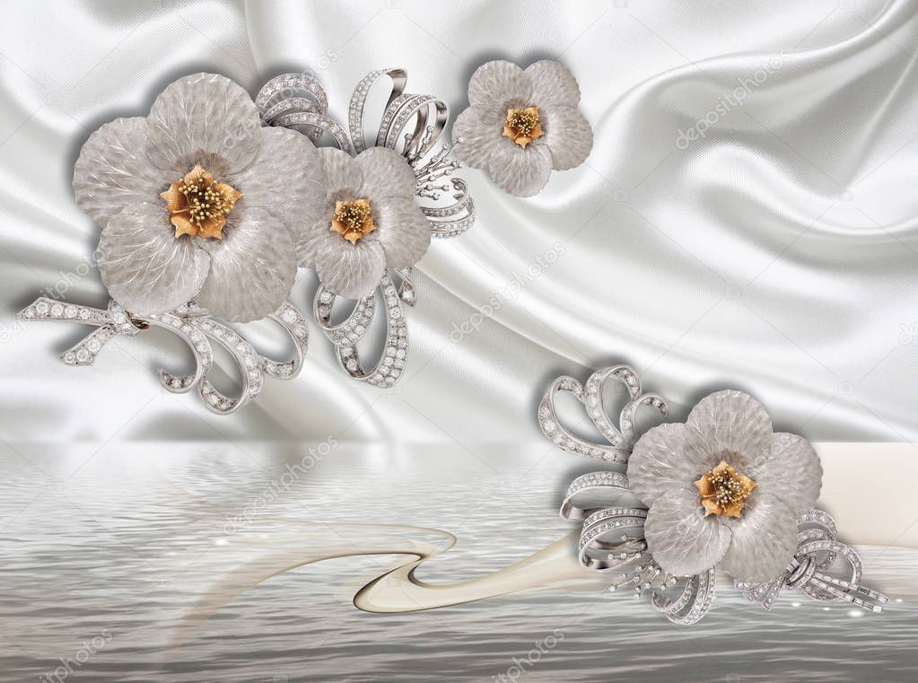 Modern ideas in the design of any interior. 3d wallpaper with jewelry flowers on white silk will expand visually room, make room lighter and become a good accent in the interior. Flower theme - this is a trend in interior design.