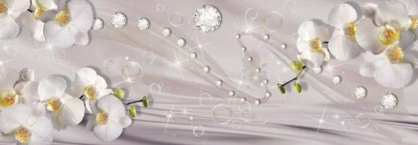  orkide, kabarcık ve rhinestones bej ipek zemin üzerine 3D duvar kağıdı görsel olarak bir oda genişletin, daha hafif yapmak ve iç aksanıyla haline. Etkileri parlak. Çiçek Tema - bu iç tasarım trend mı.