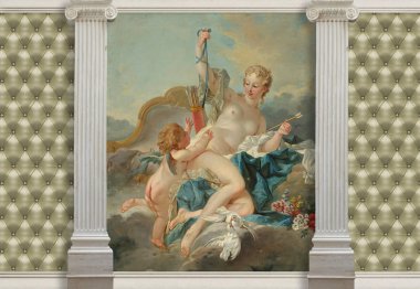 Herhangi bir iç tasarım modern fikirler. François Boucher'in Venüs aşk tanrısı ve kapitone deri etkisi sevdiren resim sütunlarla 3D duvar kağıtları bir oda uzayda genişletilir görsel olarak, daha fazla ışık getirmek ve iç aksanıyla haline.