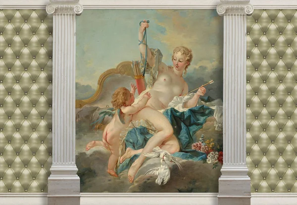 Herhangi bir iç tasarım modern fikirler. François Boucher'in Venüs aşk tanrısı ve kapitone deri etkisi sevdiren resim sütunlarla 3D duvar kağıtları bir oda uzayda genişletilir görsel olarak, daha fazla ışık getirmek ve iç aksanıyla haline.