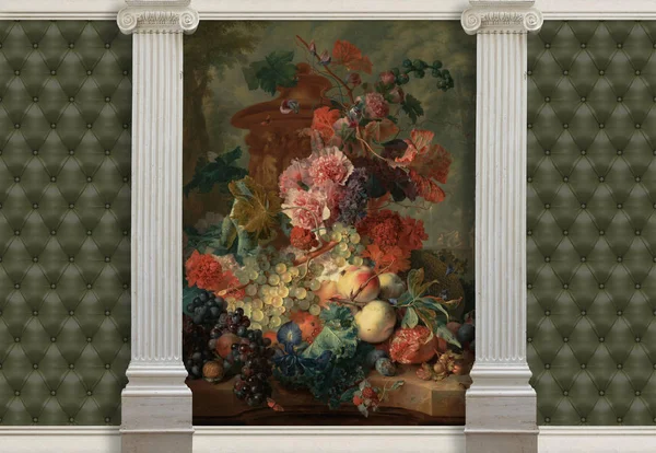 3D duvar kağıdı, boya vazo çiçekleri, sütunlar ve kapitone deri etkisi bir aksan iç haline. Jan van Huysum meyve parça, 1722. 