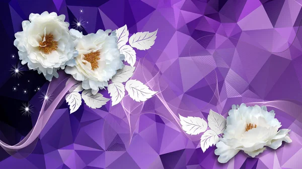 Празднование Фон Фиолетовый Фон Абстракции Белые Хризантемы Текстиля Бумажных Листьев — стоковое фото