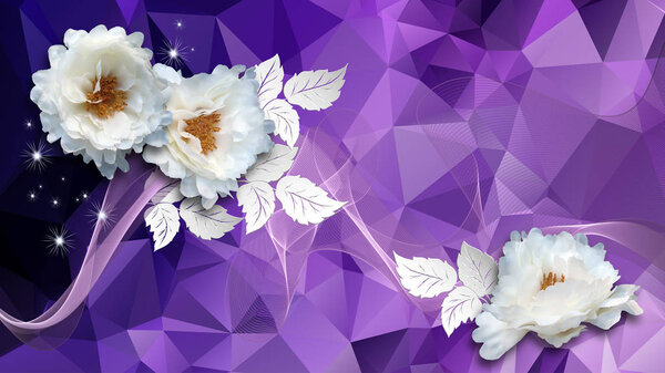 Celebration 3d background. 3d purple abstractions background, white chrysanthemums from textile and paper leaves. 3d rendering. Flower theme - this is a trend in interior design.