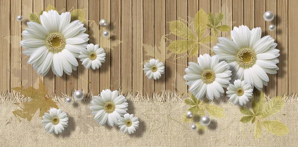 3d wallpaper with chamomiles and pearl on wooden boards background. Celebration 3d background. Flower theme - this is a trend in design interior. Eco style.
