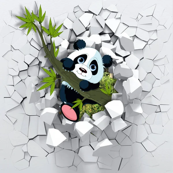 3d background, little panda peeping from a broken wall. 3D wall looks very lovely and also brings different colors to room! It will visually expand childrens room and become an accent in the interior
