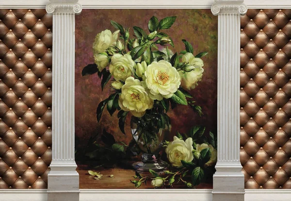 Classic Greek Pillar Background. 3d wallpaper with effect of quilted leather and columns, White Roses is a painting by Albert Williams.