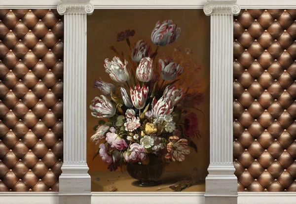 Klassischer Griechischer Säulenhintergrund Tulpen Einer Vase Ist Ein Gemälde Von — Stockfoto