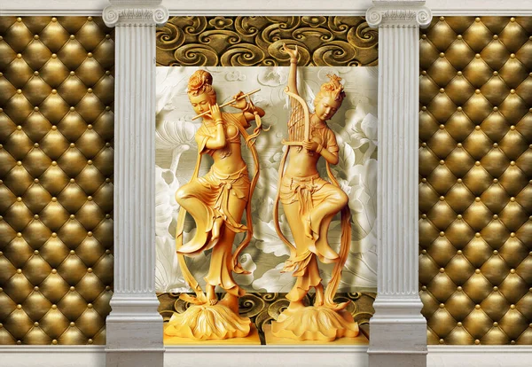 Fundo Estátua Ouro Colunas Efeito Couro Acolchoado — Fotografia de Stock