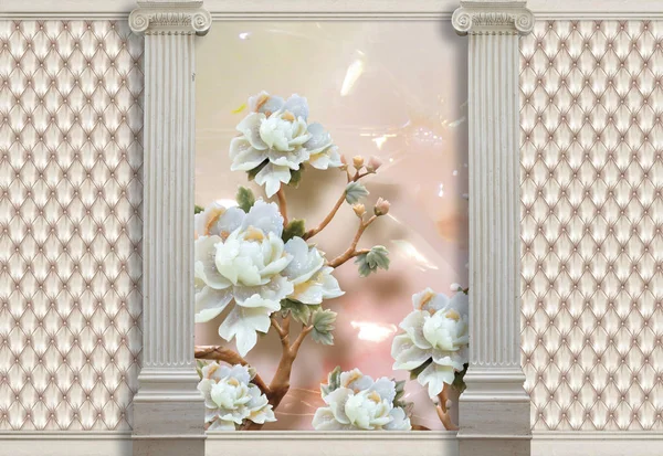 3d background with columns, stone roses and effect of quilted leather will visually expand a room, make it lighter and become an accent in the interior design. Pastel colors