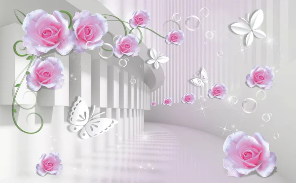Трехмерный Фон Розовыми Цветами Бумажными Бабочками Архитектурном Тоннеле Красивые Обои — стоковое фото