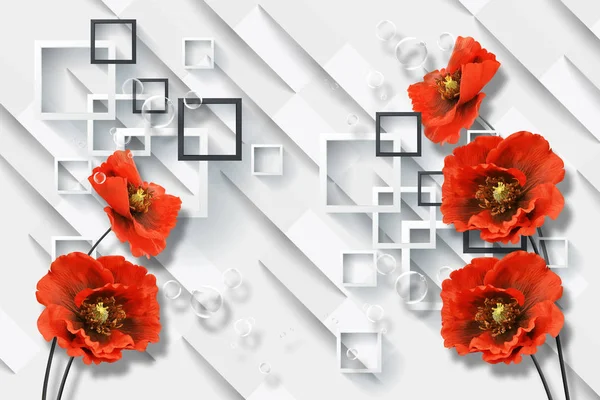 3d wallpaper, red poppies on white abstract background. Flower theme - this is a trend in design. Celebration 3d background.