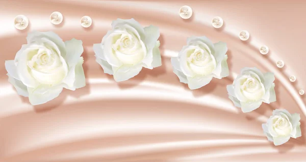 3d wallpaper,roses and pearls on silk background. Flower theme - this is a trend in design. Celebration 3d background.