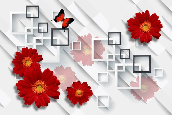 3D duvar kağıdı, Kırmızı gerbera papatya çiçek beyaz arka plan üzerinde. Çiçek Tema - bu tasarım bir eğilimdir. Kutlama 3d arka plan.
