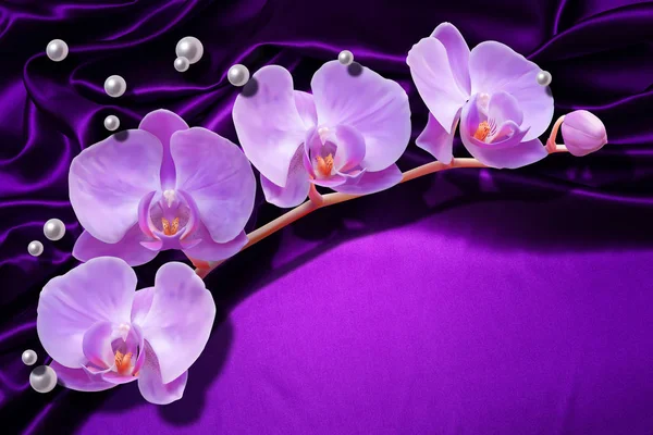 Fondo Pantalla Orquídeas Perlas Sobre Fondo Seda Tema Flor Esta — Foto de Stock