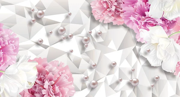 3d wallpaper, carnations flowers and pearl on white abstract background. Celebration 3d background.