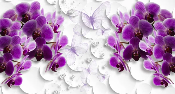 Fondo Pantalla Orquídeas Mariposas Sobre Fondo Abstracto Blanco Celebración Fondo — Foto de Stock