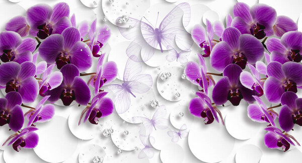 3d wallpaper, orchids and butterflies on  white abstract background. Celebration 3d background.