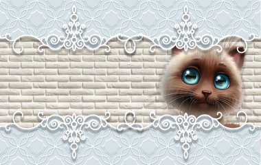 3D duvar kağıdı, şirin bebek arka plan ile kedi. Bebek tebrik kartı