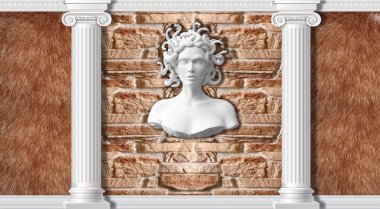 3D arka plan, sütunlar, kürk ve heykel Medusa. Antik Yunan mitolojisinde. klasik tarzı 3D arka plan