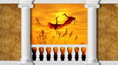 3d wallpapers, columns and  the cranes at sunset. The main features of classicism: restraint, aristocracy, sophistication. 3d background in classical style clipart