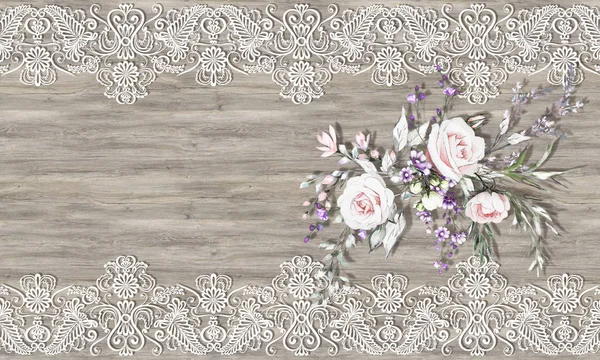 Ταπετσαρία Μπουκέτο Τριαντάφυλλα Και Καλλωπιστικά Δαντέλα Λευκό Φόντο Ξύλινη Προβηγκία — Φωτογραφία Αρχείου