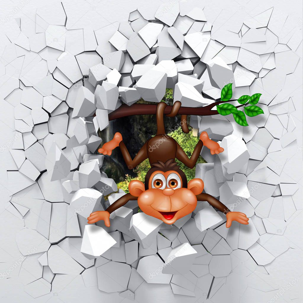 3d wallpaper, little monkey peeping from a broken wall. 3D wall looks very lovely and also brings different colors to room! It will visually expand children's room and become an accent in the interior