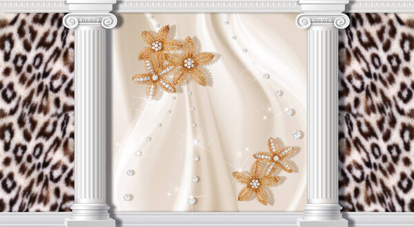 3D фон, колонны, мех, Ювелирные цветы на шелковом фоне. 3D фон в классическом стиле
.